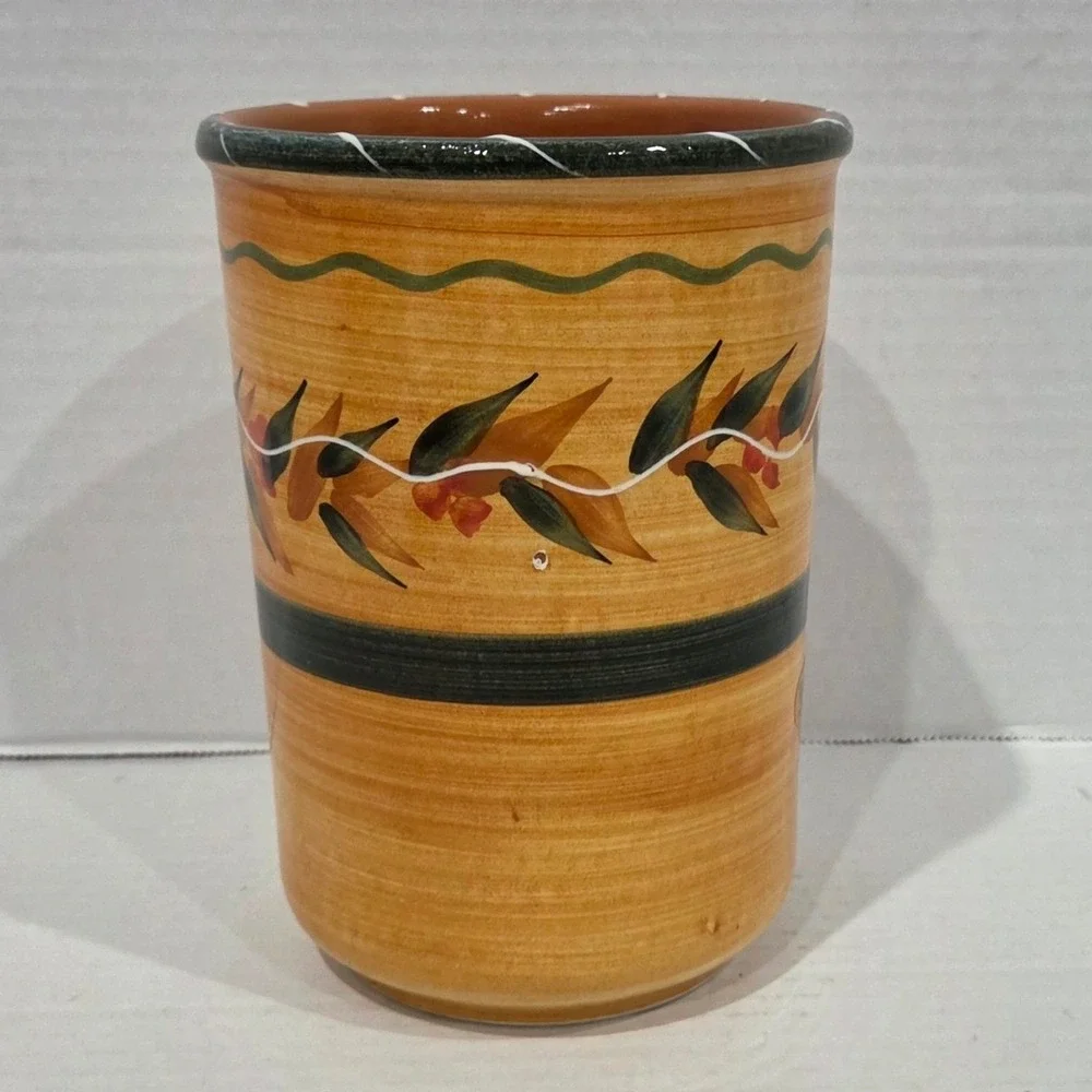 Furio Home Italy Handmade Ceramic Utensil Holder Crock Hand Painted Leaf Yellow